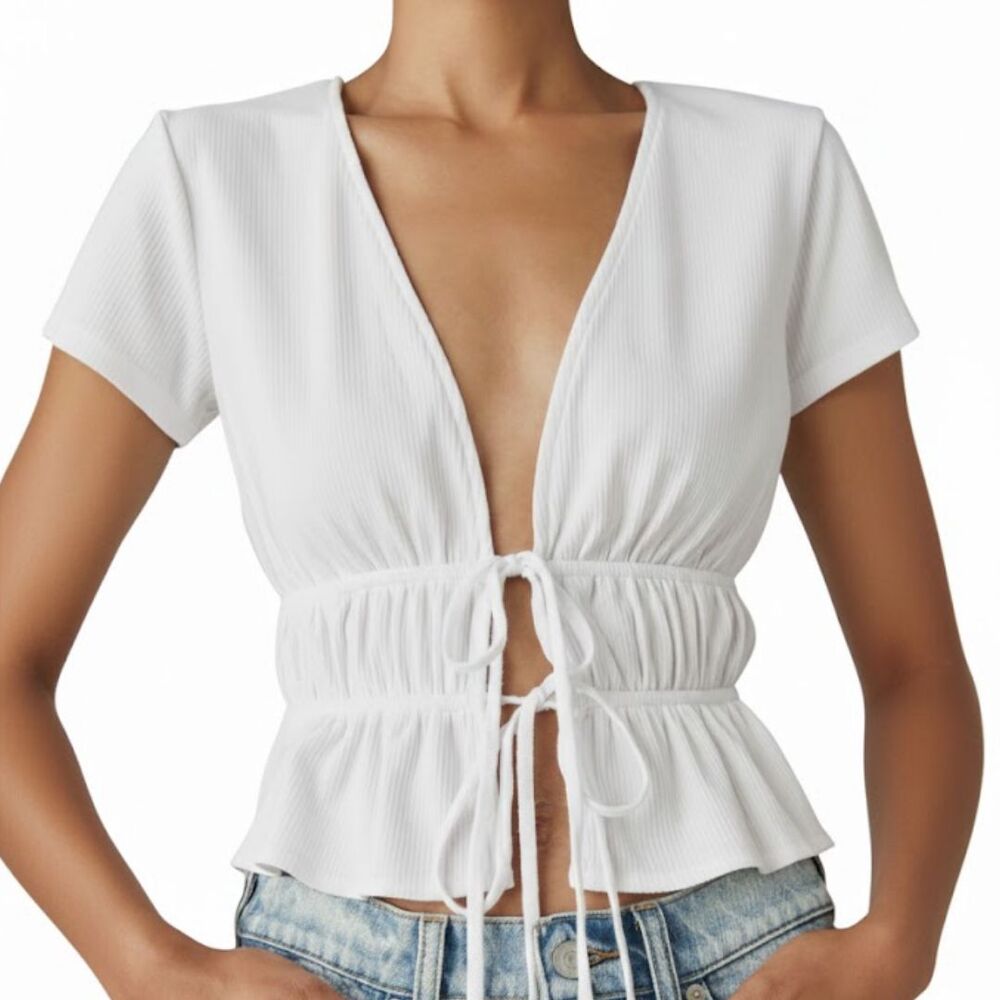 NWT Lucky Brand Womens L White Cinched Front Tie Crop Top Blouse Short Sleeve